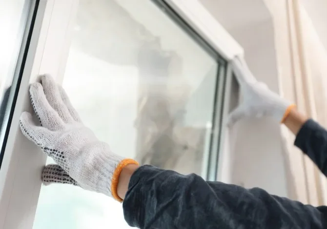 Glasmästare arbetar med fönsterinstallation